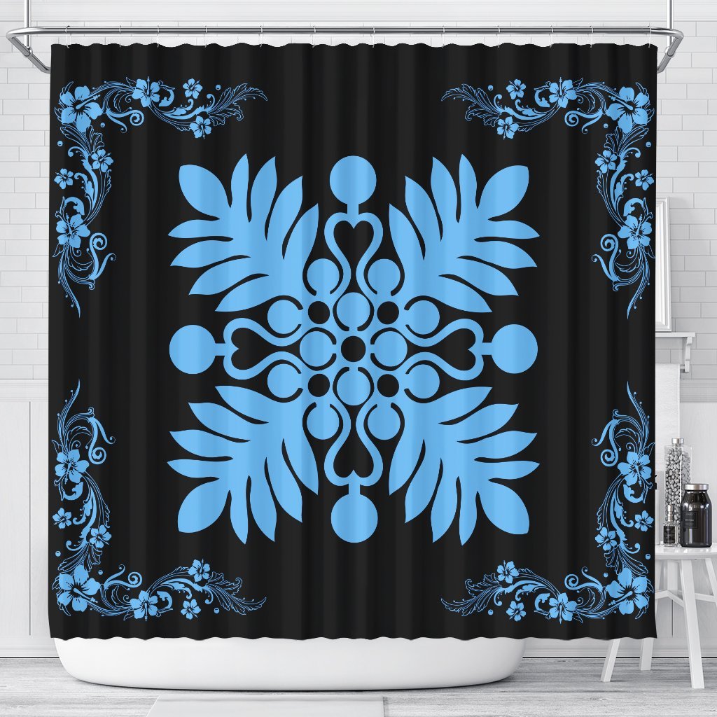 Hawaiian Quilt Maui Plant And Hibiscus Shower Curtain - Pastel Black - AH 177 x 172 (cm) Pastel - Polynesian Pride