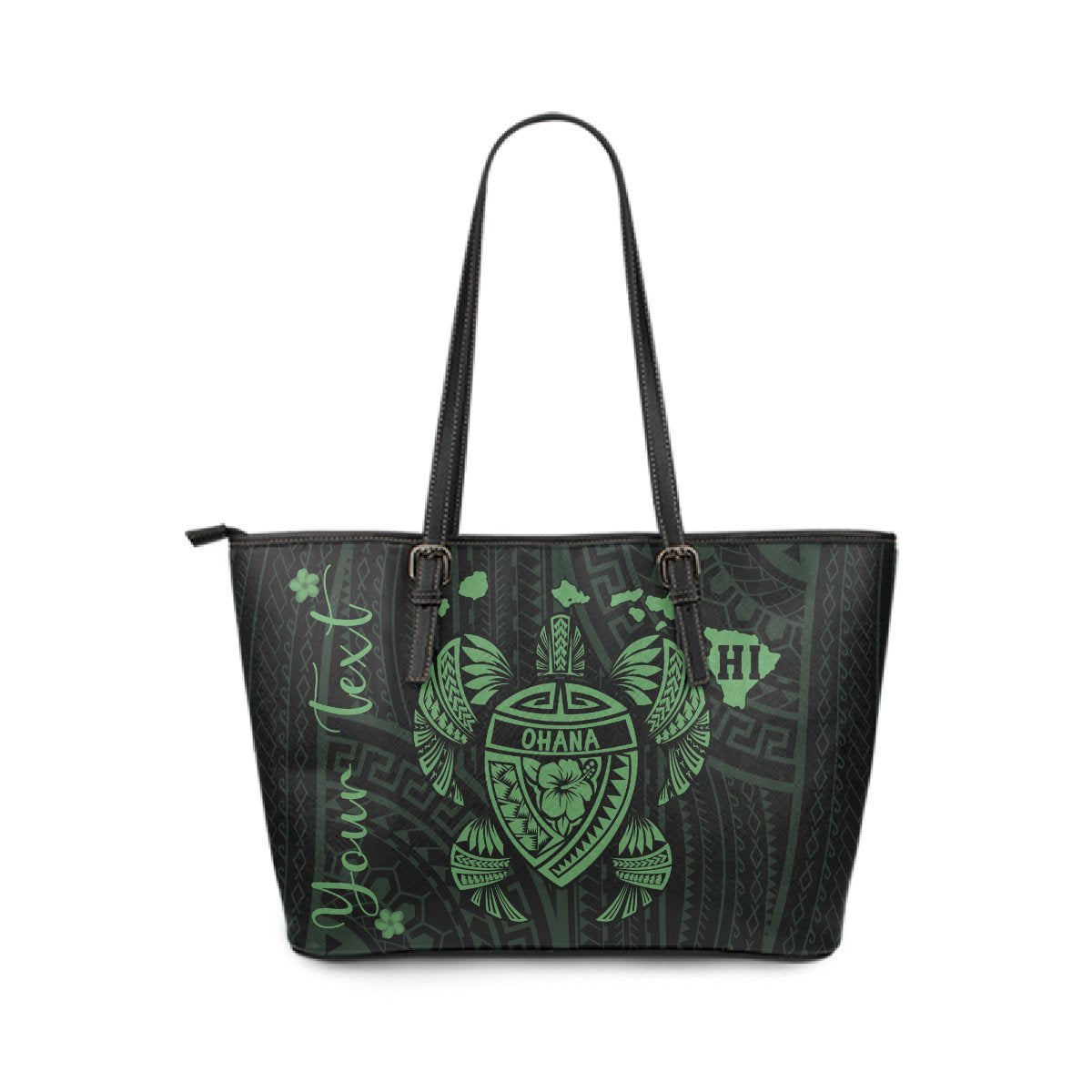 Personalized - Hawaii Kakau Polynesian Ohana Turtle Map Large Leather Tote - Green Green - Polynesian Pride