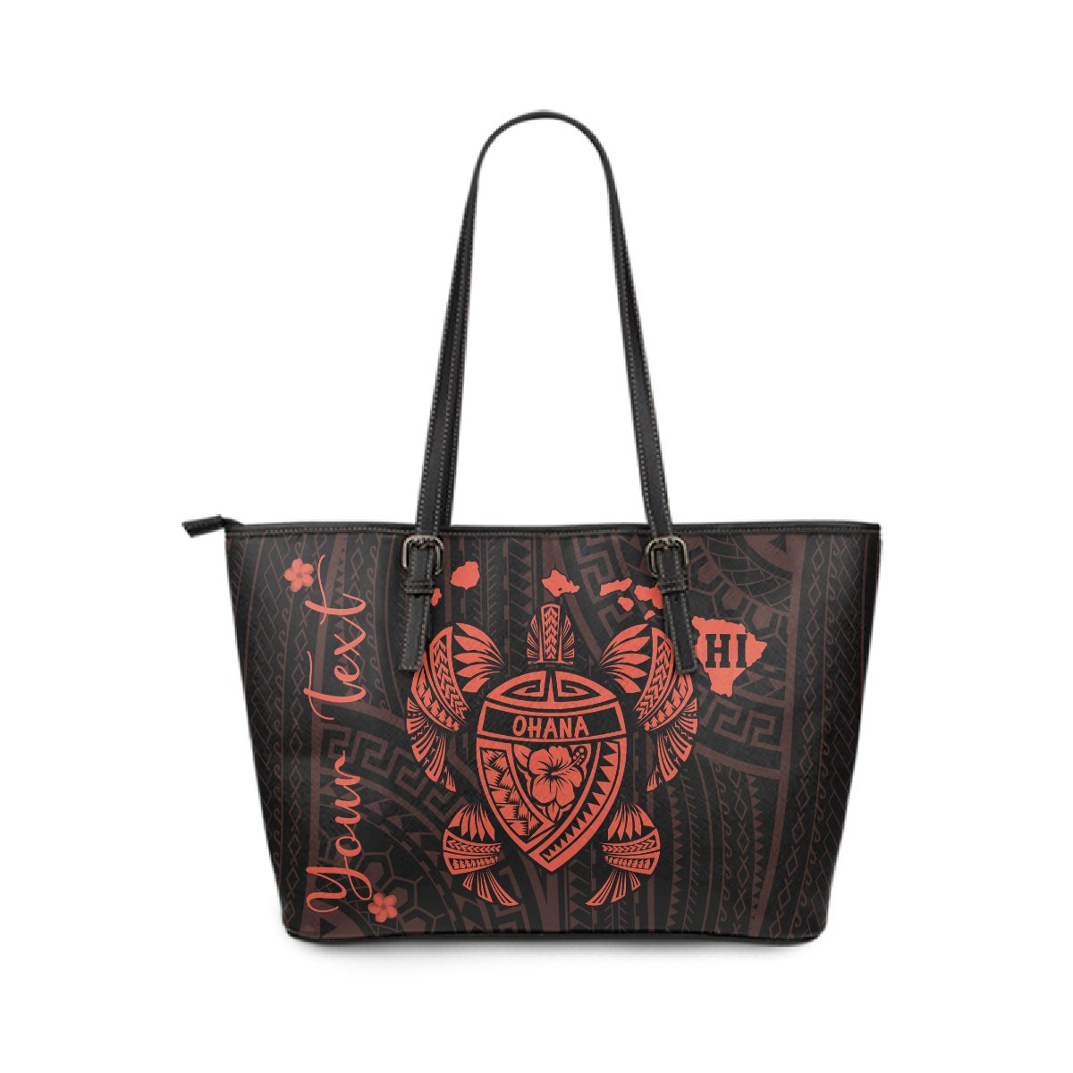 Personalized - Hawaii Kakau Polynesian Ohana Turtle Map Large Leather Tote - Orange Orange - Polynesian Pride