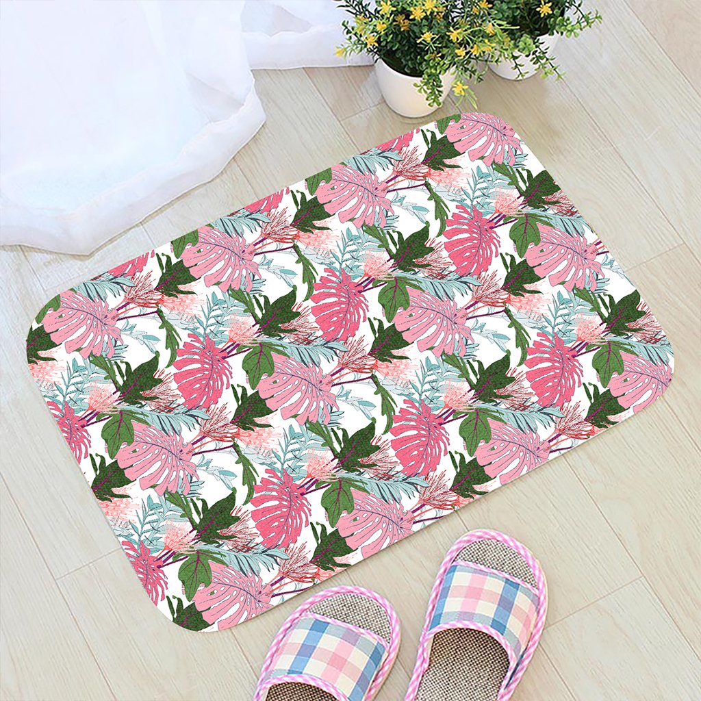 Pink Monstera And Green Tropical Leaves White Hawaii Door Mat - Polynesian Pride