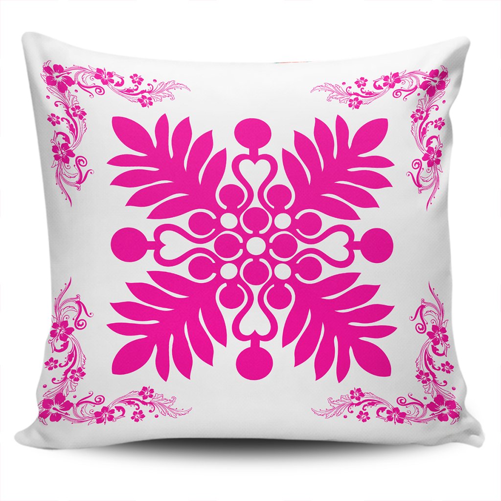 Hawaiian Quilt Maui Plant And Hibiscus Pattern Pillow Covers - Pink White - AH One Size Pink - Polynesian Pride