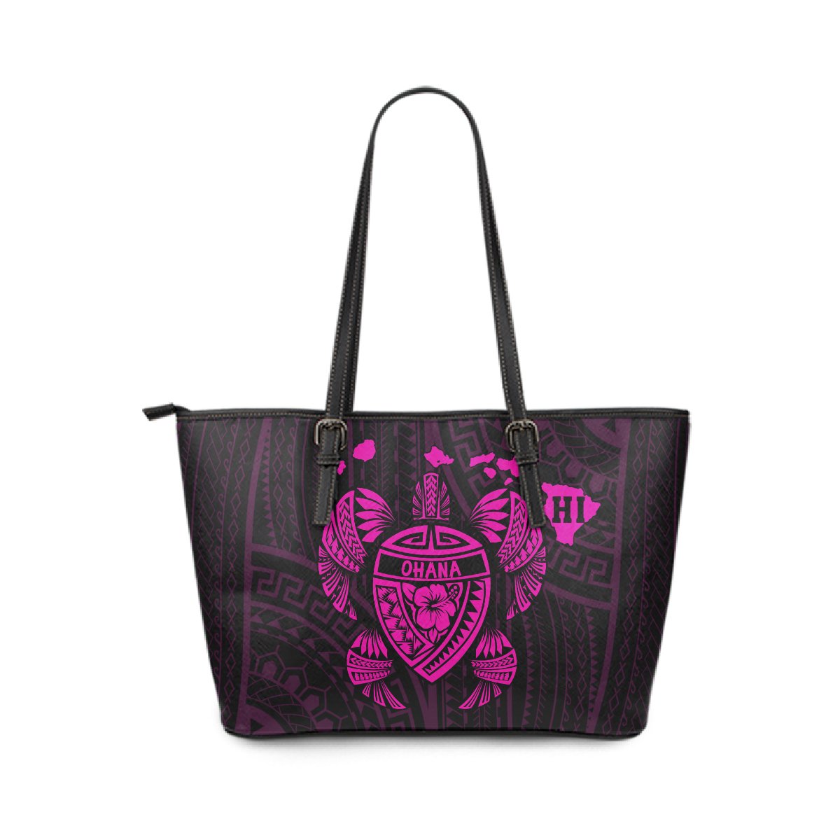 Hawaii Kakau Polynesian Turtle Map Large Leather Tote - Pink Pink - Polynesian Pride