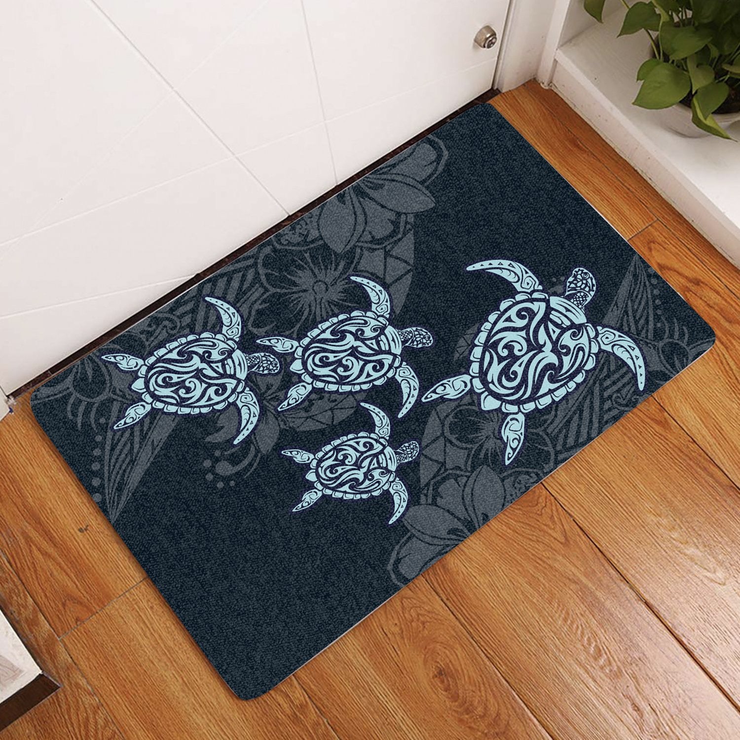 Plumeria Polynesian Deep Sea Hawaii Turtle Door Mat AH Door Mat Black - Polynesian Pride