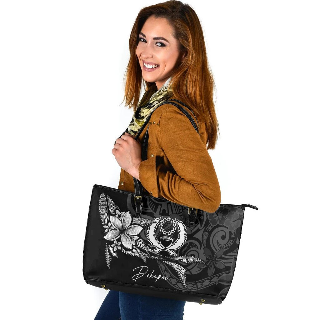 Pohnpei Leather Tote - Fish With Plumeria Flowers Style Black - Polynesian Pride