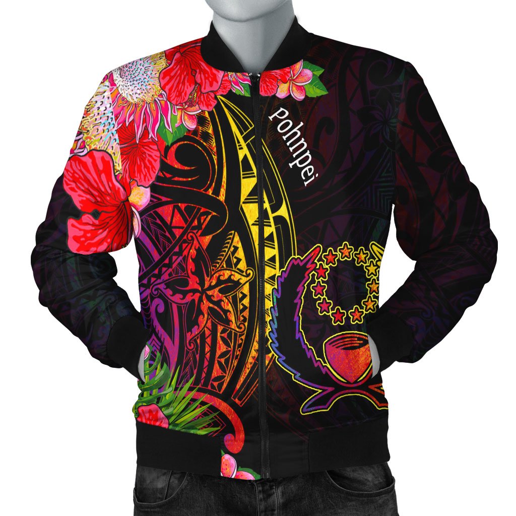 Pohnpei Men's Bomber Jacket - Tropical Hippie Style Black - Polynesian Pride