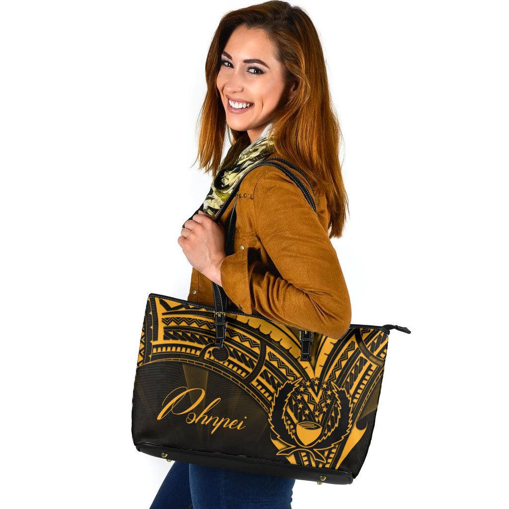 Pohnpei Leather Tote - Gold Color Cross Style Black - Polynesian Pride