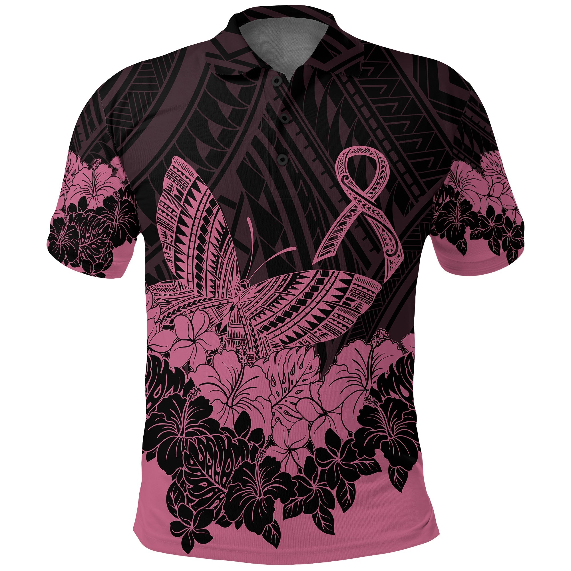 Polynesian Breast Cancer Awareness Polo Shirt Floral Butterfly LT7 Black - Polynesian Pride