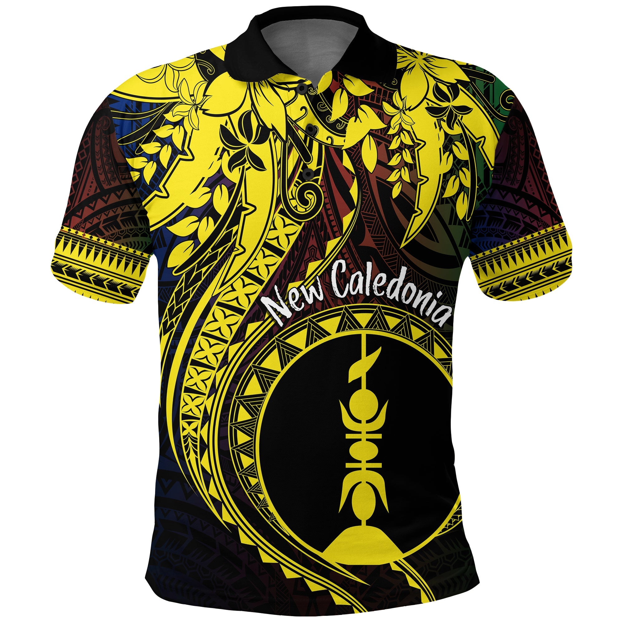 New Caledonia Custom Polo Shirt Kanaky Mix Plumeria LT7 Black - Polynesian Pride