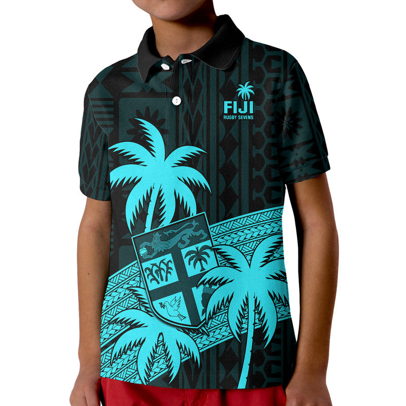 (Custom Personalised) Fiji Rugby Sevens Kid Polo Shirt Tapa Palm Tree and Fijian Coat of Arms LT9 Kid Blue - Polynesian Pride