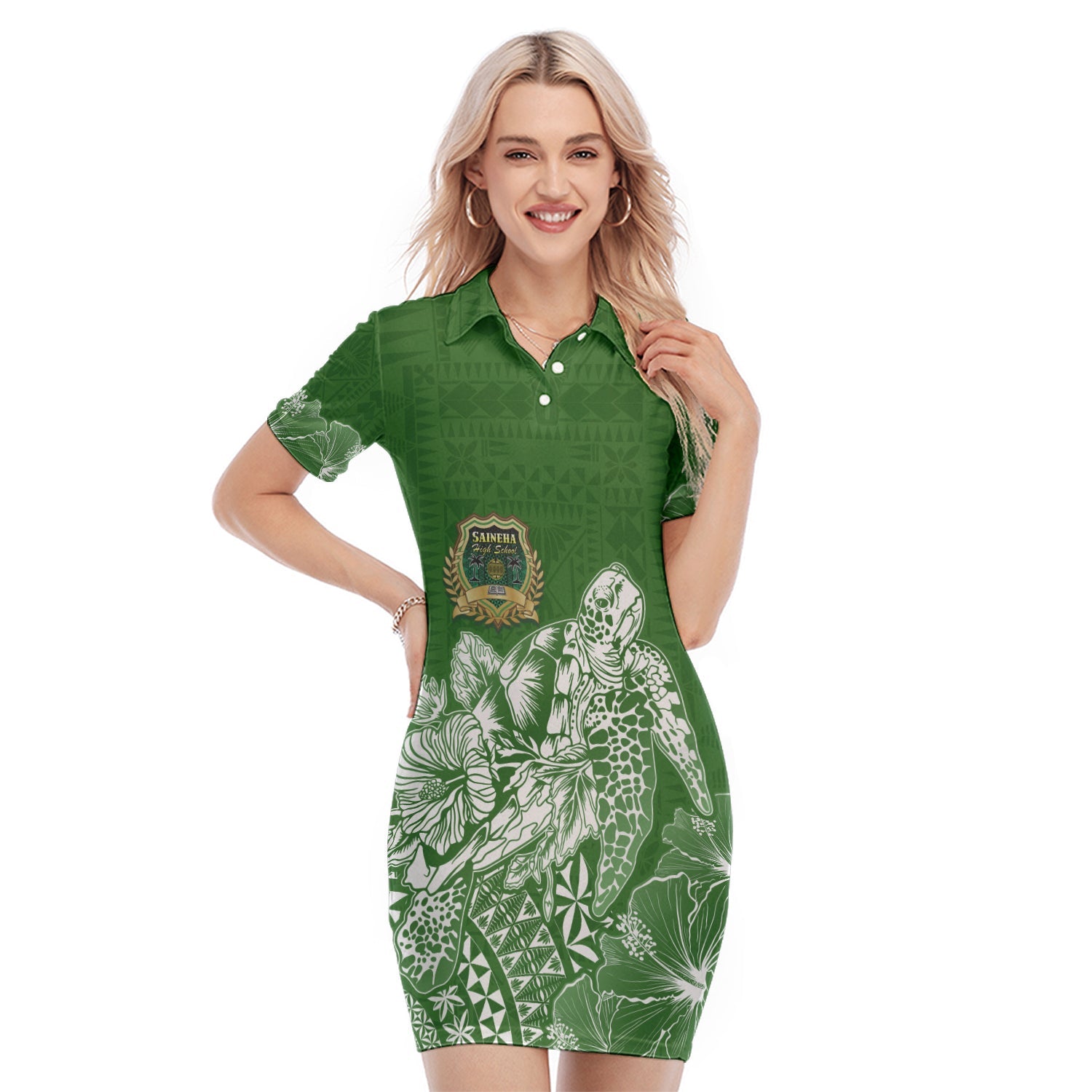 Saineha High School Tonga Polo Dress Kupesi Style - Ver02 LT7 Green - Polynesian Pride