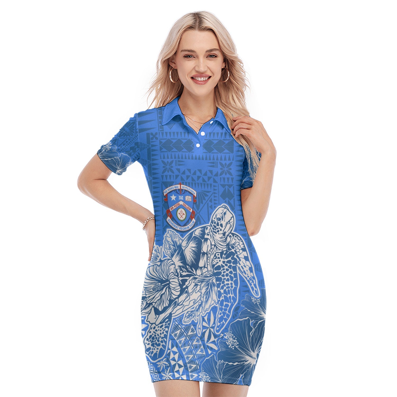 Apifoou College Tonga Polo Dress Kupesi Style - Ver02 LT7 Blue - Polynesian Pride