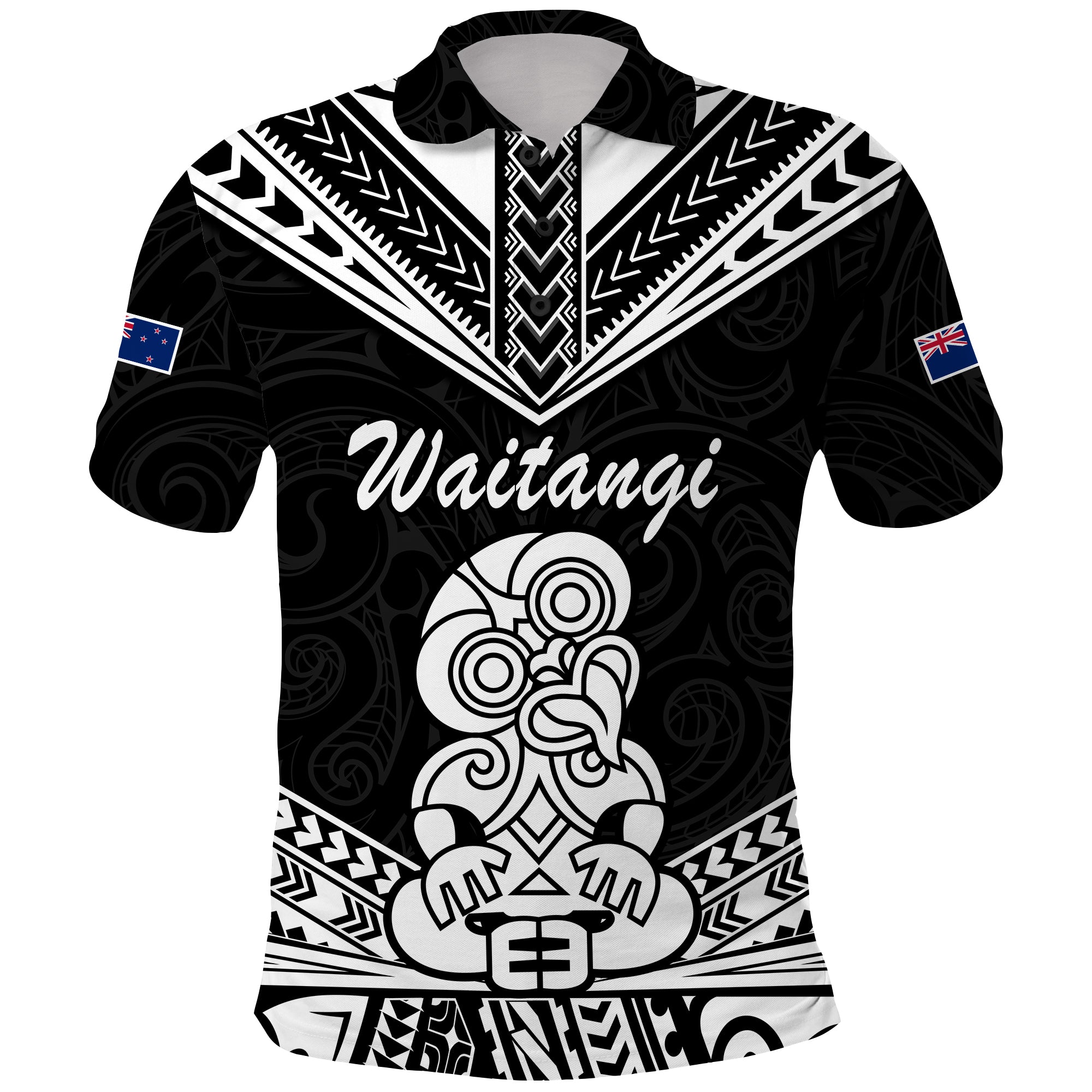 Waitangi Maori Tiki Polo Shirt LT9 Black - Polynesian Pride