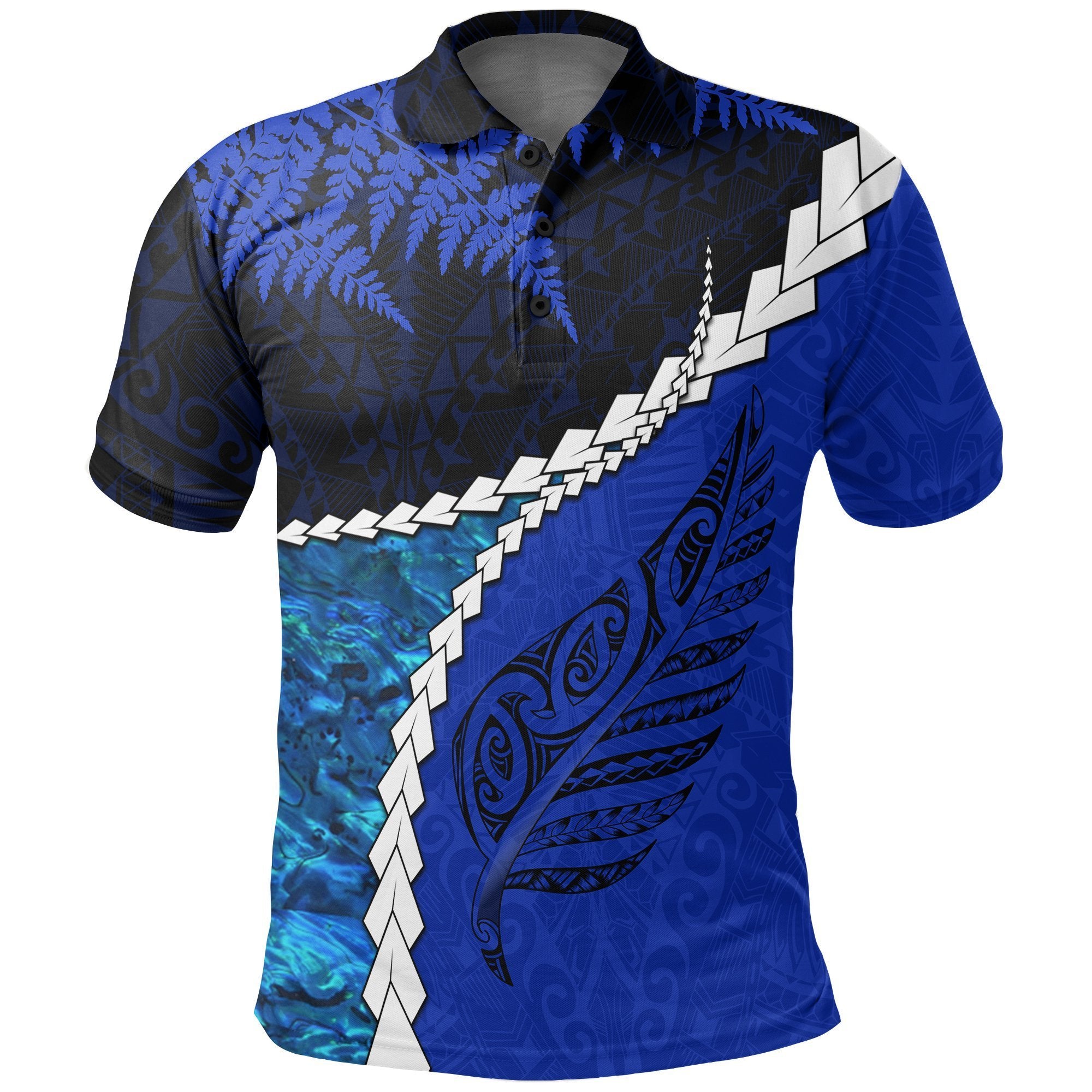 New Zealand Paua Shell Maori Silver Fern Polo Shirt Cobalt Unisex Black - Polynesian Pride