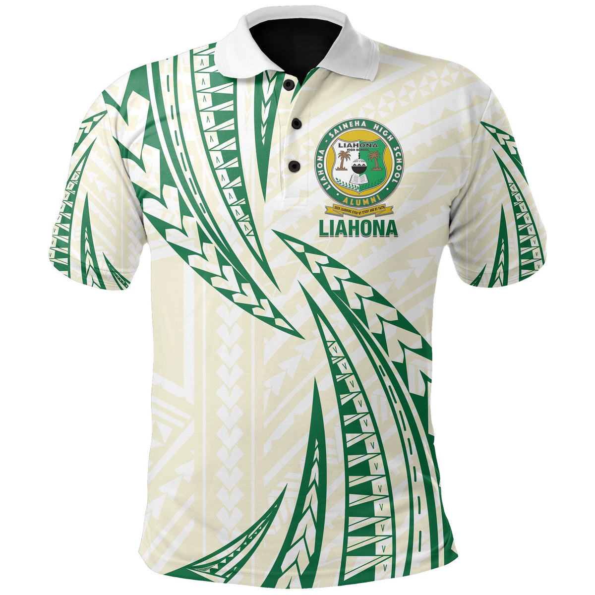 Liahona High School Polo Shirt - White Unisex Green - Polynesian Pride
