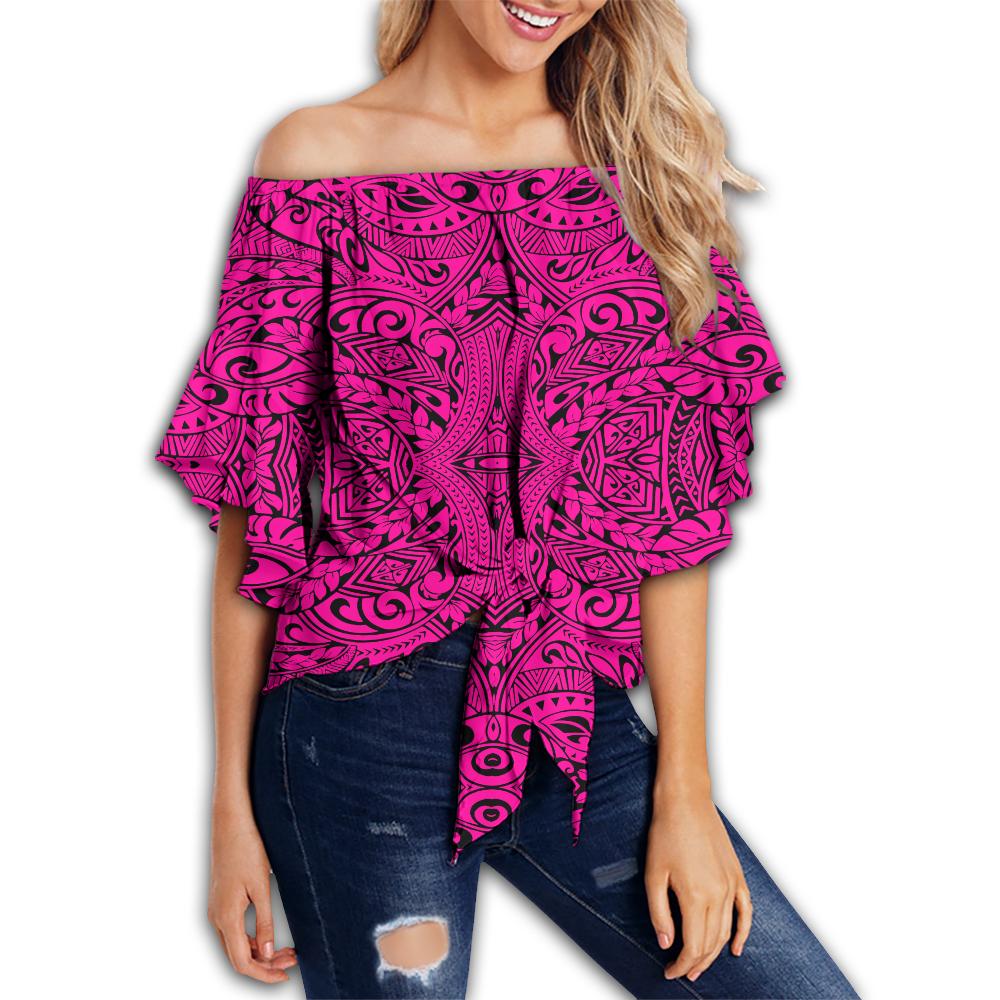 Polynesian Culture Pink Hawaii Women's Off Shoulder Wrap Waist Top Pink Female - Polynesian Pride