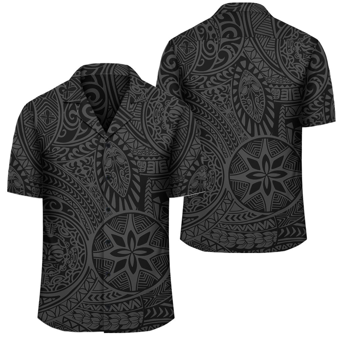 Polynesian Hawaiian Style Tribal Tattoo Gray Hawaiian Shirt - Cultural Art Black - Polynesian Pride
