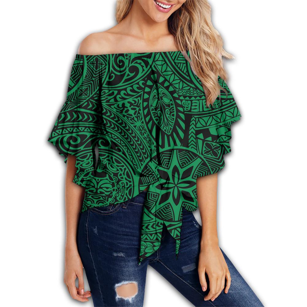 Polynesian Hawaiian Style Tribal Tattoo Green Hawaii Women's Off Shoulder Wrap Waist Top Green Female - Polynesian Pride