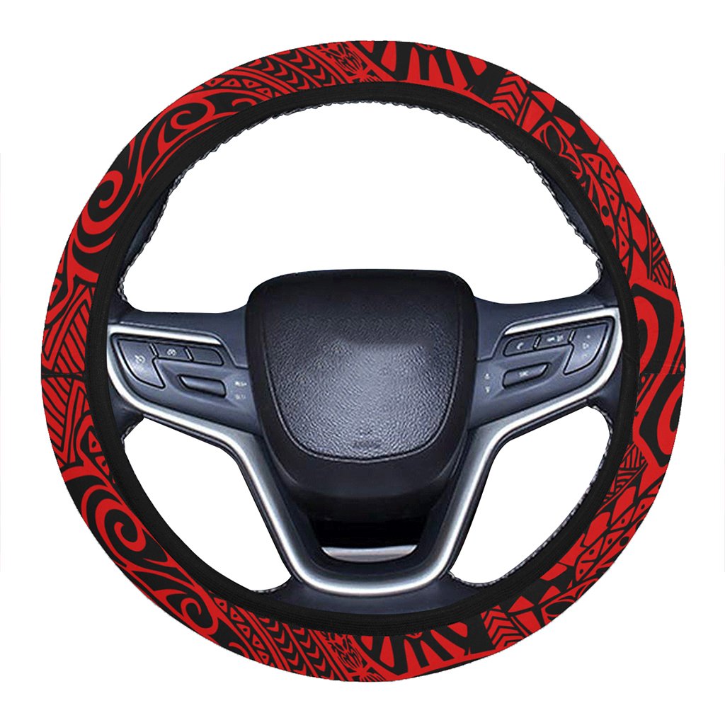 Polynesian Hawaiian Style Tribal Tattoo Red Hawaii Steering Wheel Cover with Elastic Edge One Size Red Steering Wheel Cover - Polynesian Pride