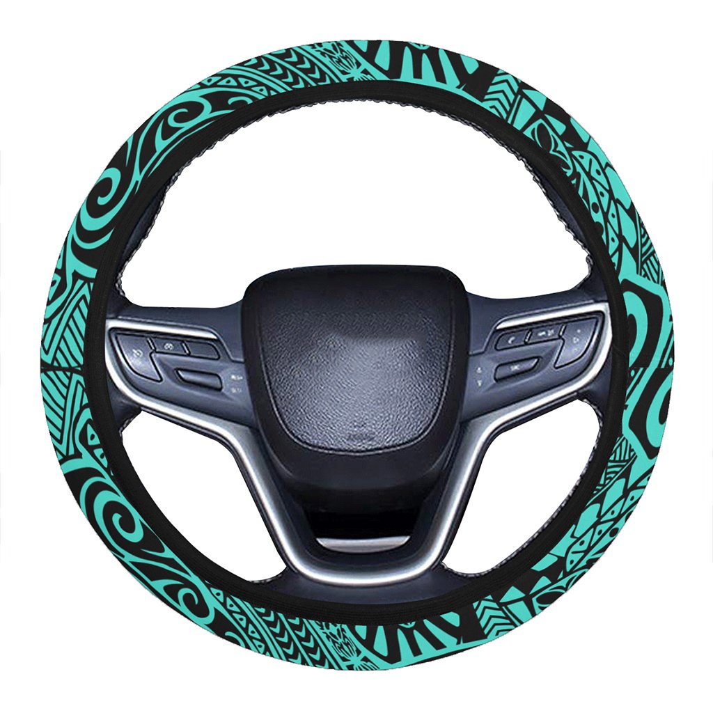 Polynesian Hawaiian Style Tribal Tattoo Turquoise Hawaii Steering Wheel Cover with Elastic Edge One Size Turquoise Steering Wheel Cover - Polynesian Pride