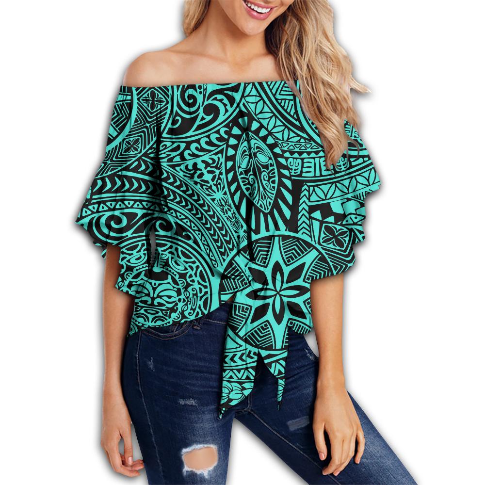 Polynesian Hawaiian Style Tribal Tattoo Turquoise Hawaii Women's Off Shoulder Wrap Waist Top Turquoise Female - Polynesian Pride