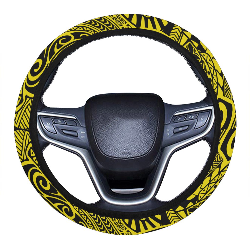 Polynesian Hawaiian Style Tribal Tattoo Yellow Hawaii Steering Wheel Cover with Elastic Edge One Size Yellow Steering Wheel Cover - Polynesian Pride