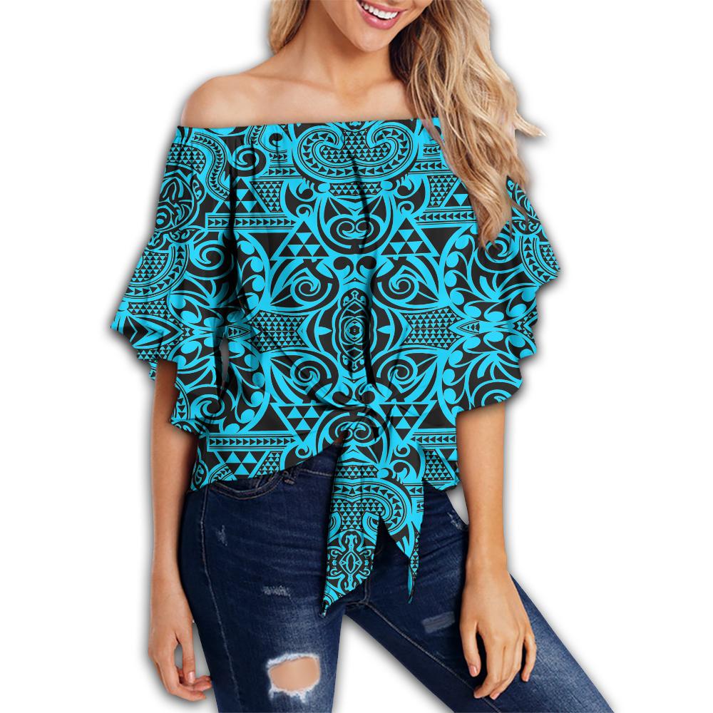 Polynesian Kakau Turtle Blue Hawaii Women's Off Shoulder Wrap Waist Top Blue Female - Polynesian Pride