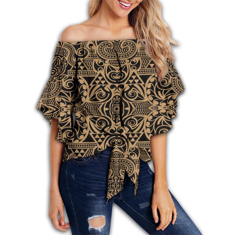 Polynesian Kakau Turtle Gold Hawaii Women's Off Shoulder Wrap Waist Top Gold Female - Polynesian Pride