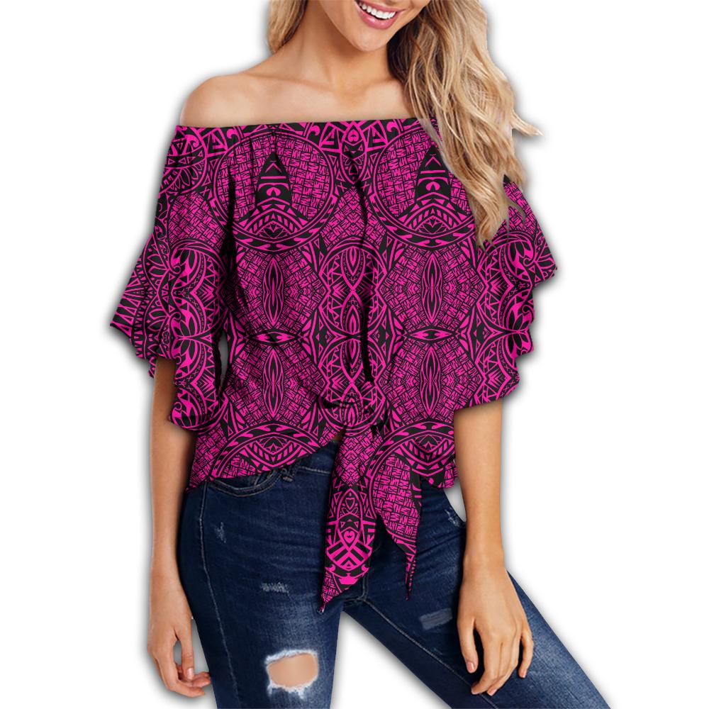 Polynesian Lauhala Mix Pink Hawaii Women's Off Shoulder Wrap Waist Top Pink Female - Polynesian Pride