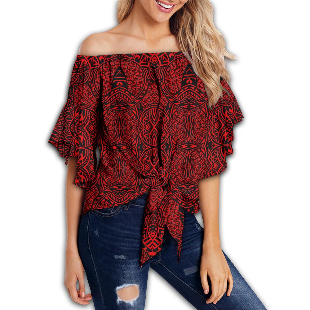 Polynesian Lauhala Mix Red Hawaii Women's Off Shoulder Wrap Waist Top Red Female - Polynesian Pride