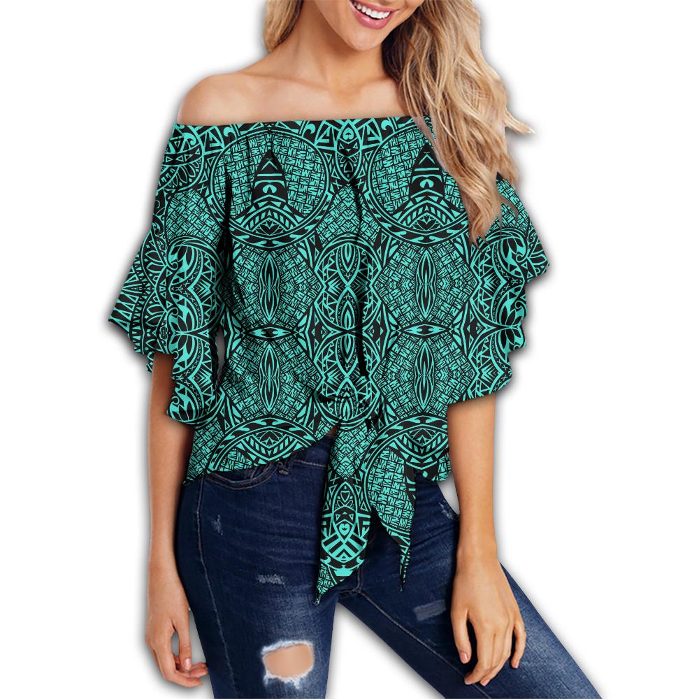 Polynesian Lauhala Mix Turquoise Hawaii Women's Off Shoulder Wrap Waist Top Turquoise Female - Polynesian Pride