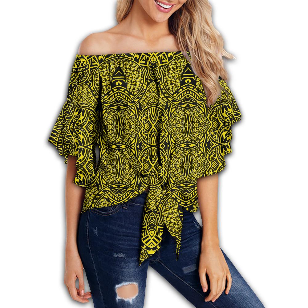 Polynesian Lauhala Mix Yellow Hawaii Women's Off Shoulder Wrap Waist Top Yellow Female - Polynesian Pride