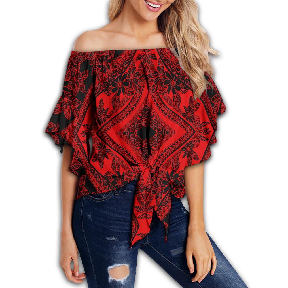 Polynesian Plumeria Mix Red Black Hawaii Women's Off Shoulder Wrap Waist Top Red Female - Polynesian Pride