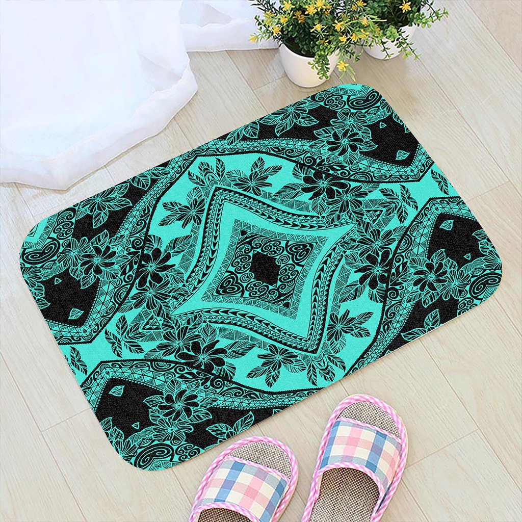 Polynesian Plumeria Mix Turquoise Black Hawaii Door Mat Door Mat Turquoise - Polynesian Pride