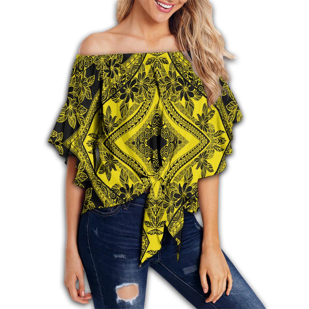 Polynesian Plumeria Mix Yellow Black Hawaii Women's Off Shoulder Wrap Waist Top Yellow Female - Polynesian Pride