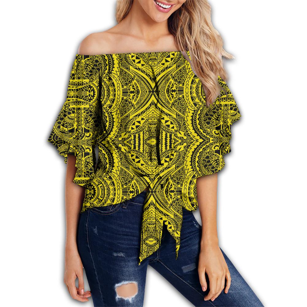 Polynesian Symmetry Yellow Hawaii Women's Off Shoulder Wrap Waist Top Yellow Female - Polynesian Pride