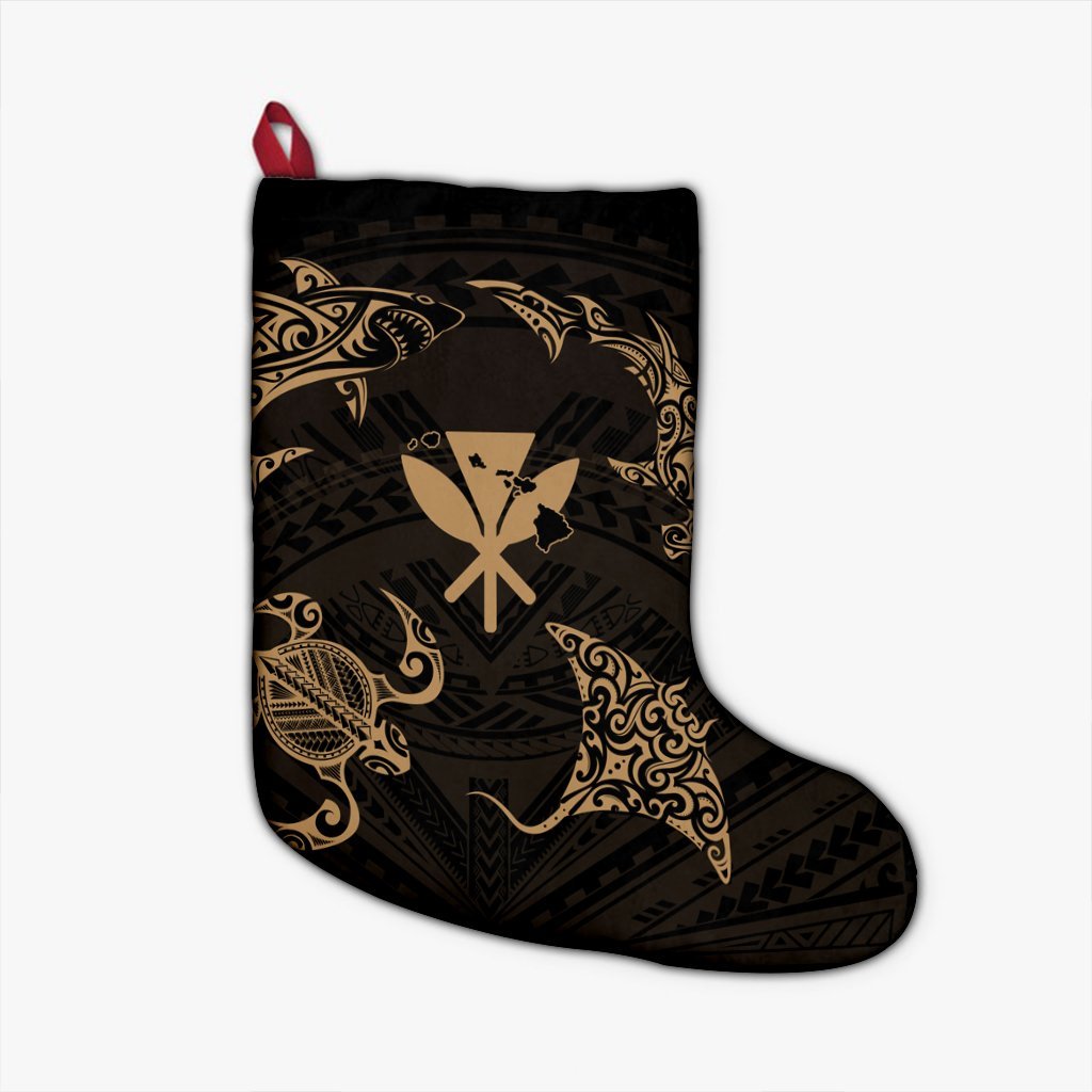 Polynesian Turtle Hammerhead Shark Ray Kanaka Hawaii Christmas Stocking Circle Gold - AH Christmas Stocking 26 X 42 cm Black - Polynesian Pride