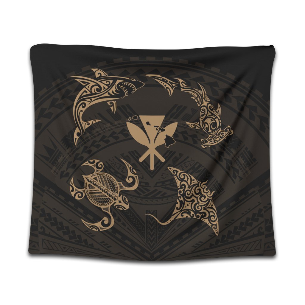 Polynesian Turtle Hammerhead Shark Ray Kanaka Hawaii Tapestry Circle Gold - AH Wall Tapestry Black - Polynesian Pride