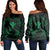 Polynesian Turtle Hammerhead Shark Ray Kanaka Hawaii Women's Off Shoulder Sweater Circle Green - AH Black - Polynesian Pride