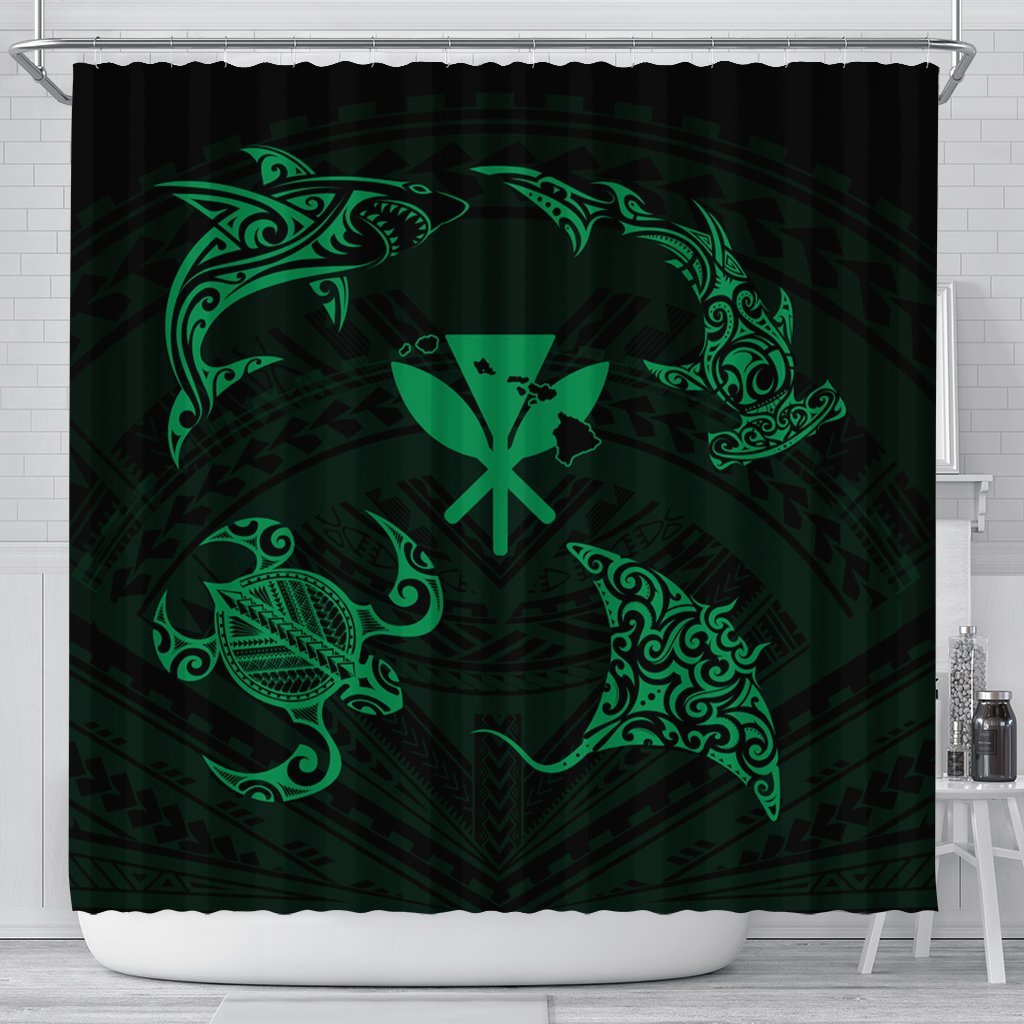 Polynesian Turtle Hammerhead Shark Ray Kanaka Hawaii Shower Curtain Circle Green - AH 177 x 172 (cm) Black - Polynesian Pride