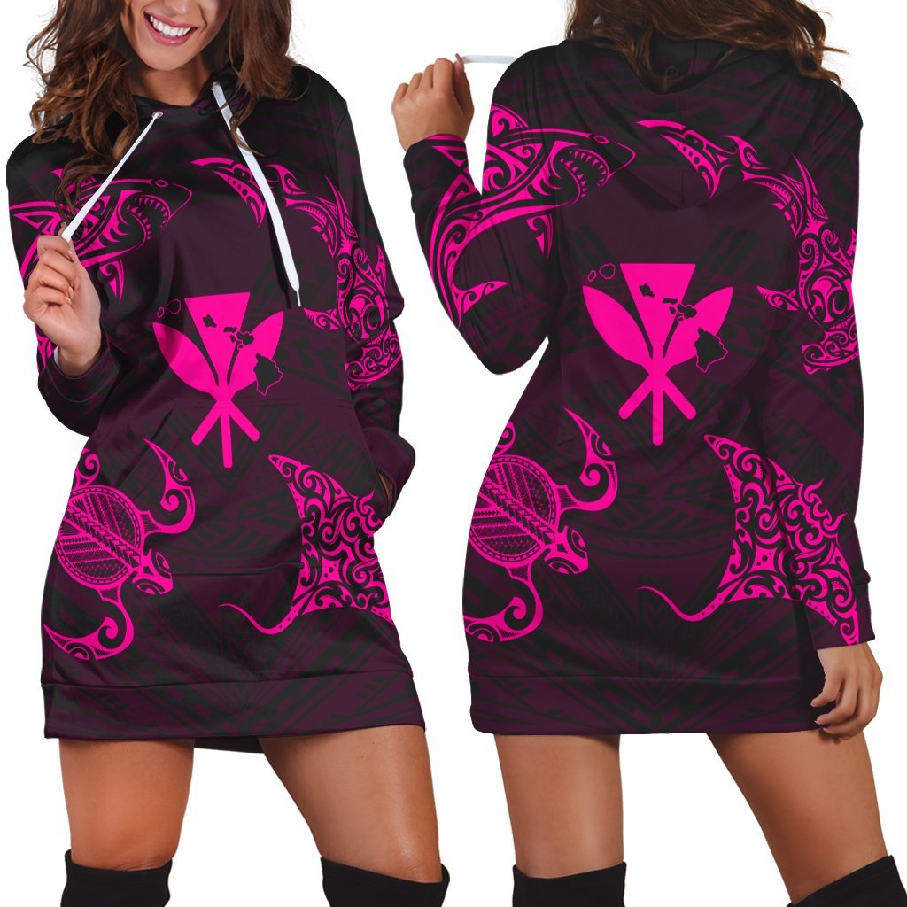 Polynesian Turtle Hammerhead Shark Ray Kanaka Hawaii Hoodie Dress Circle Pink - AH Black - Polynesian Pride