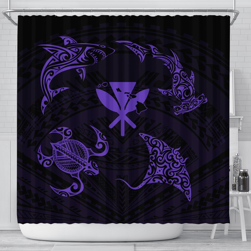 Polynesian Turtle Hammerhead Shark Ray Kanaka Hawaii Shower Curtain Circle Purple - AH 177 x 172 (cm) Black - Polynesian Pride