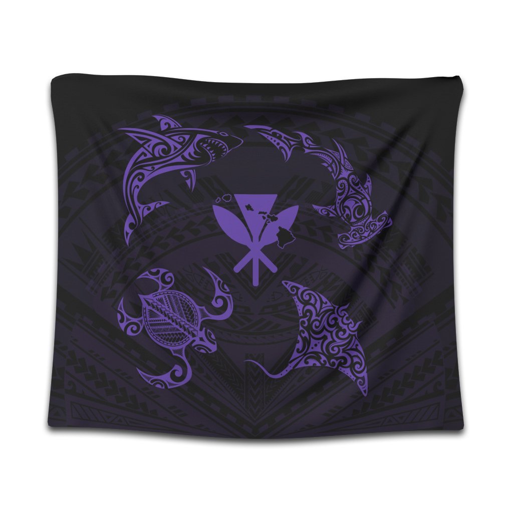 Polynesian Turtle Hammerhead Shark Ray Kanaka Hawaii Tapestry Circle Purple - AH Wall Tapestry Black - Polynesian Pride