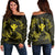 Polynesian Turtle Hammerhead Shark Ray Kanaka Hawaii Women's Off Shoulder Sweater Circle Yellow - AH Black - Polynesian Pride