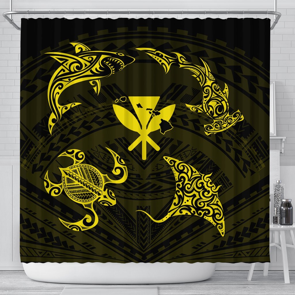 Polynesian Turtle Hammerhead Shark Ray Kanaka Hawaii Shower Curtain Circle Yellow - AH 177 x 172 (cm) Black - Polynesian Pride