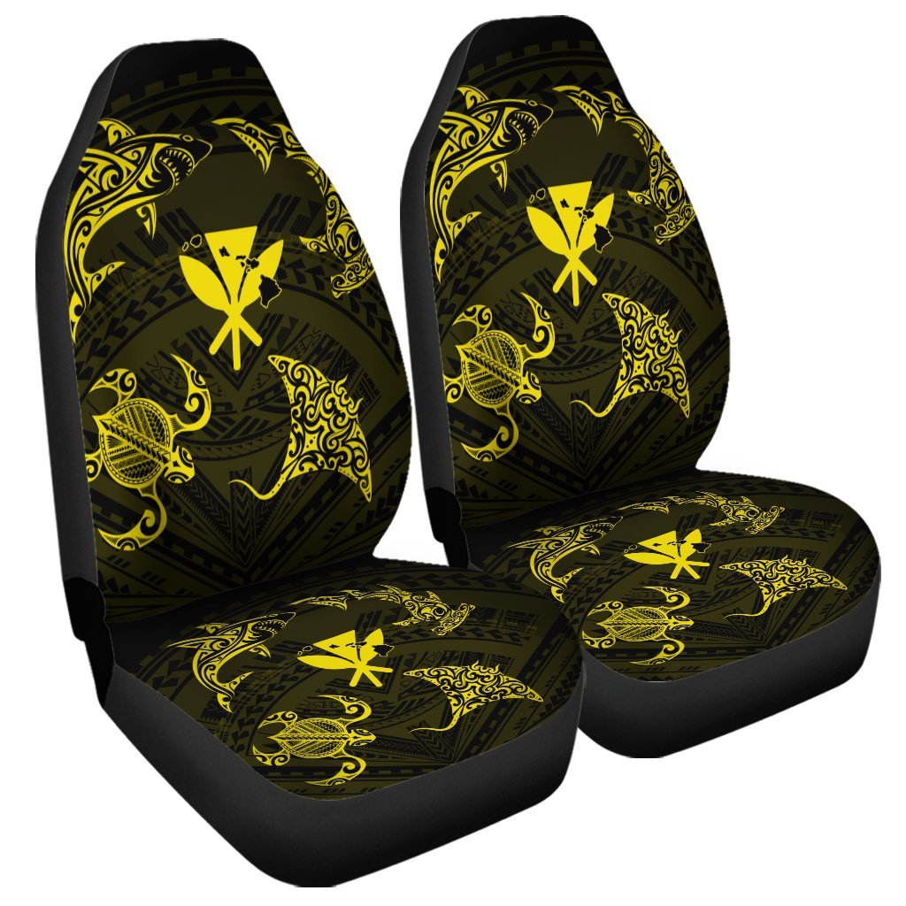 Polynesian Turtle Hammerhead Shark Ray Kanaka Hawaii Car Seat Covers Circle Yellow - AH Universal Fit Black - Polynesian Pride