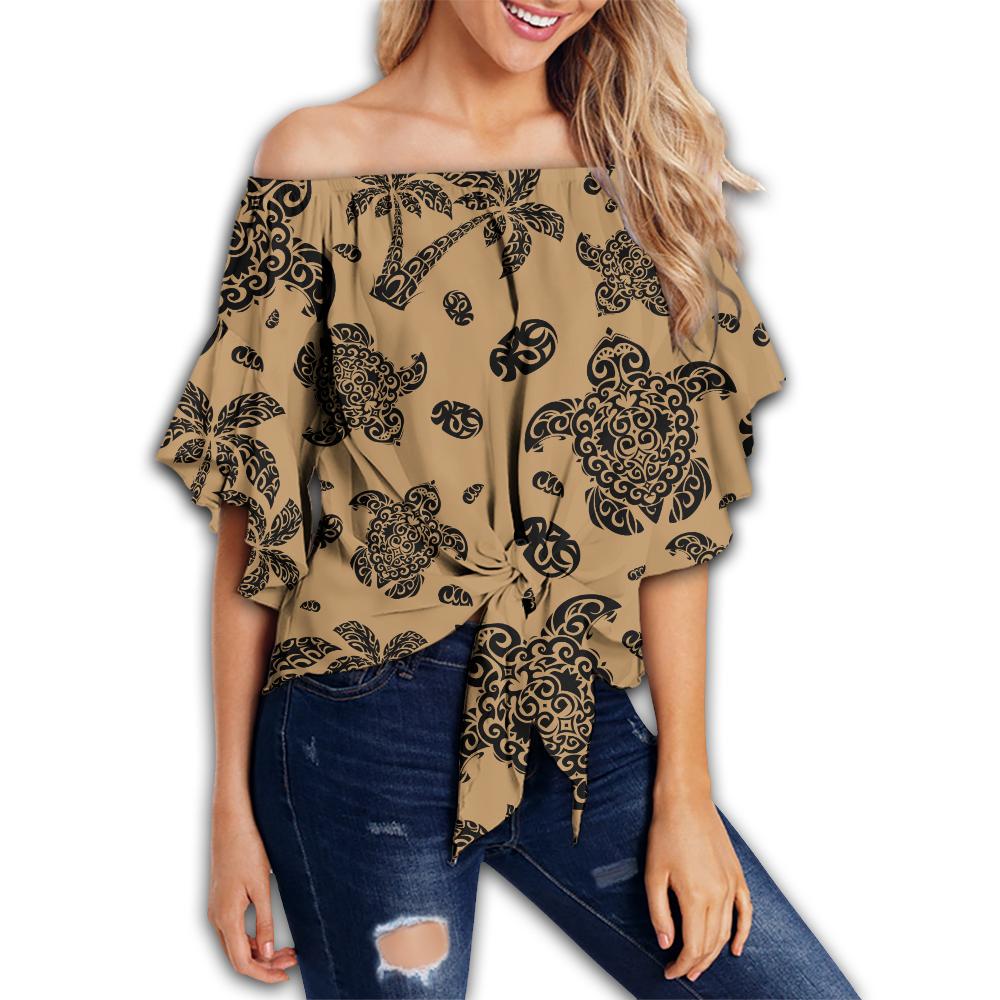 Polynesian Turtle Palm And Sea Pebbles Gold Hawaii Women's Off Shoulder Wrap Waist Top Gold Female - Polynesian Pride