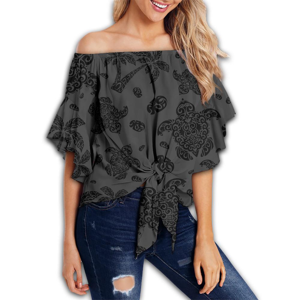 Polynesian Turtle Palm And Sea Pebbles Gray Hawaii Women's Off Shoulder Wrap Waist Top Gray Female - Polynesian Pride