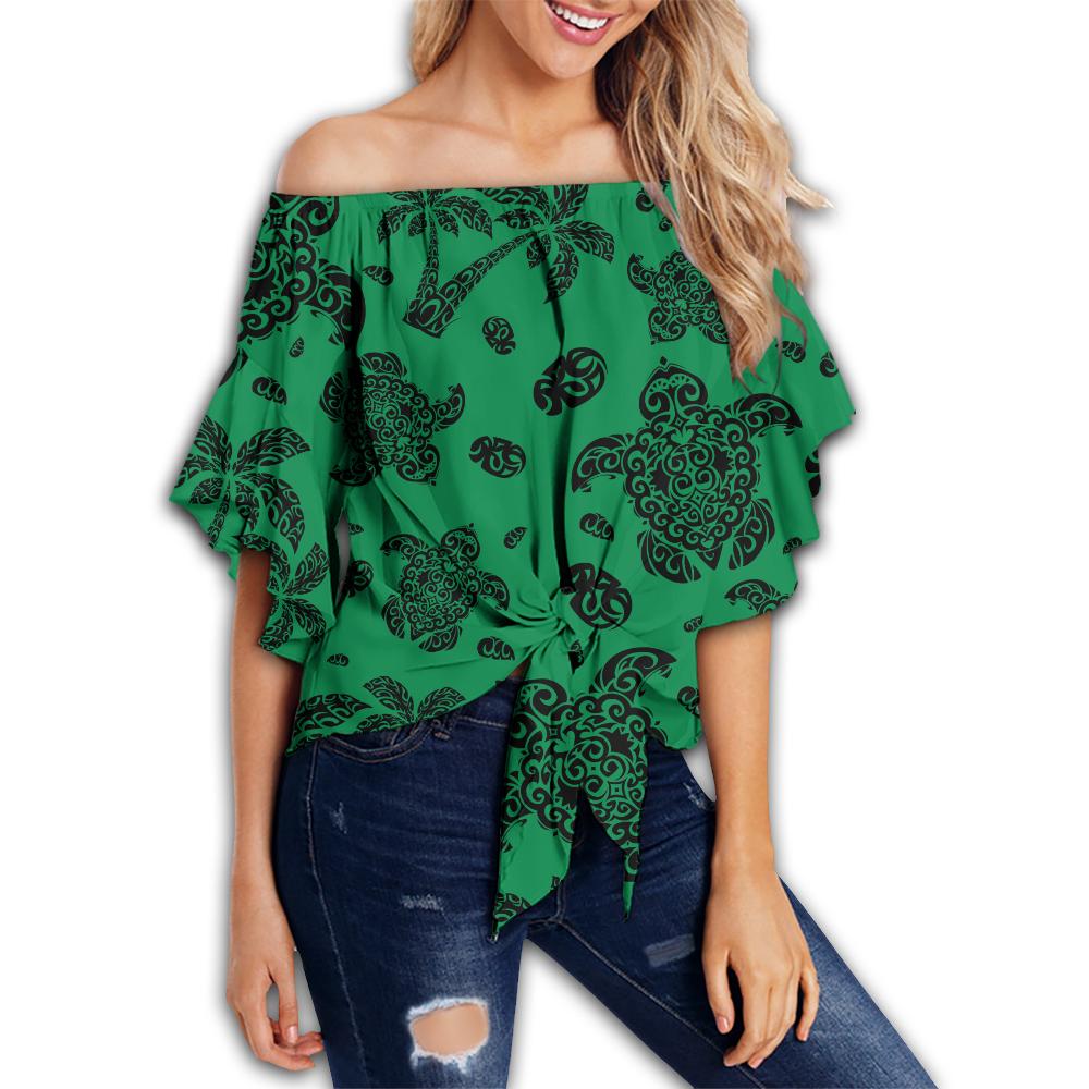 Polynesian Turtle Palm And Sea Pebbles Green Hawaii Women's Off Shoulder Wrap Waist Top Green Female - Polynesian Pride