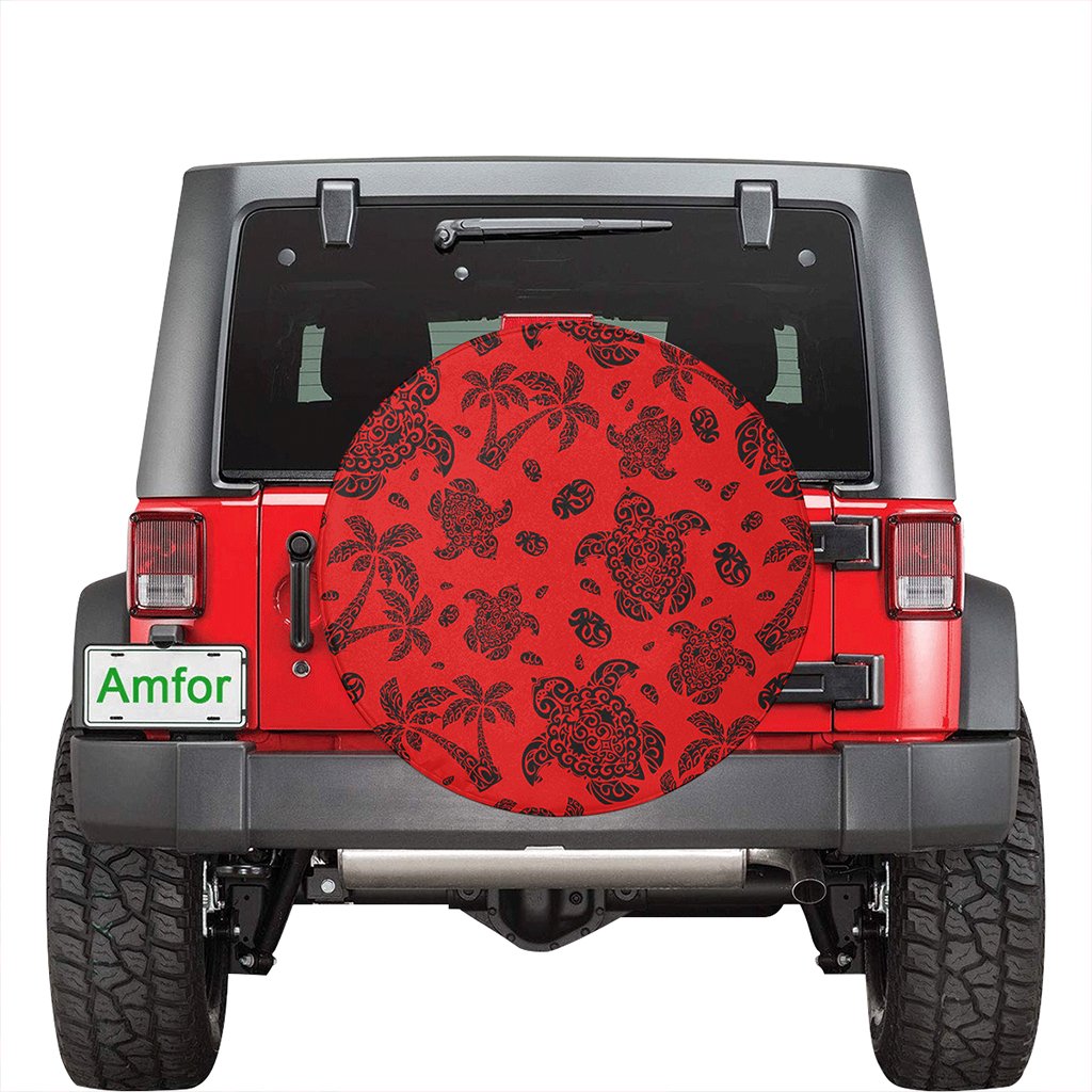 Polynesian Turtle Palm And Sea Pebbles Red Hawaii Spare Tire Cover - Polynesian Pride