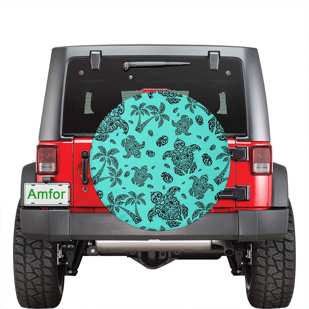 Polynesian Turtle Palm And Sea Pebbles Turquoise Hawaii Spare Tire Cover - Polynesian Pride